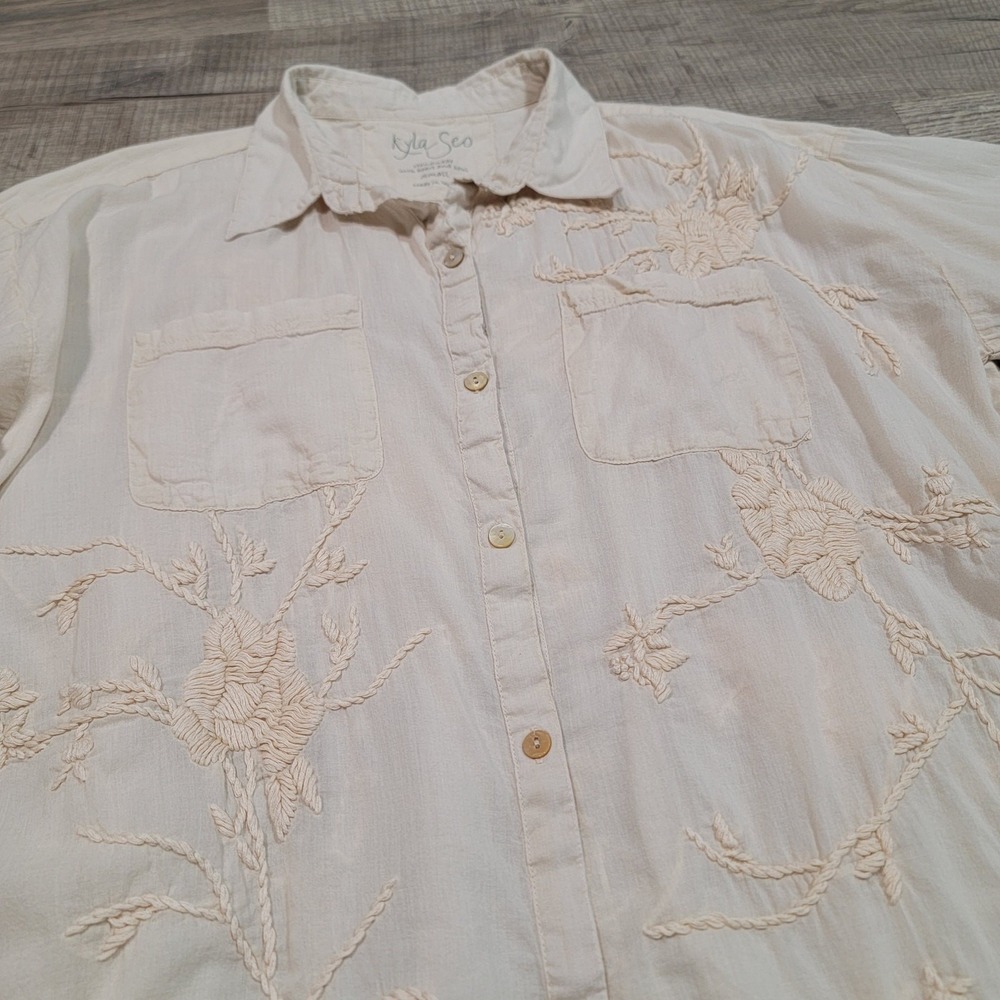 Kyla Seo Anthropologie Embroidered Cotton Gauze Button Up Shirt Pockets Small - Picture 3 of 9